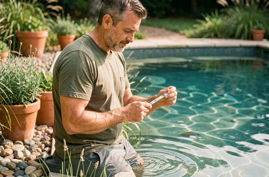 Homme testant la qualité de l'eau de sa piscine avec un kit naturel dans un jardin écologique
