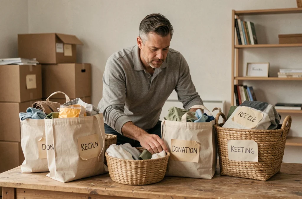 Homme triant ses affaires avant un déménagement écoresponsable en séparant dons et recyclage