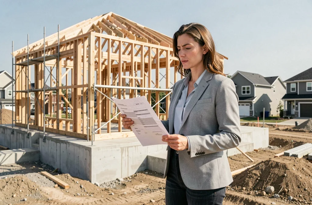 Femme vérifiant son contrat de construction Mikit devant le chantier de sa future maison