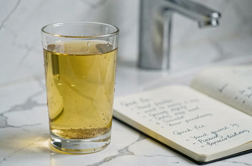 Verre d'eau du robinet jaune posé sur un comptoir en marbre avec un carnet de solutions rapides pour purifier l'eau à la maison