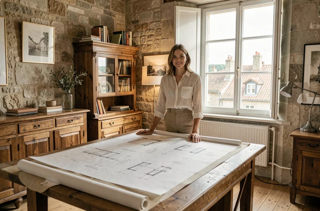 Anne Solenn Chérat architecte d'intérieur à Pontoise avec des esquisses et plans sur une table à dessin dans un bureau au charme historique