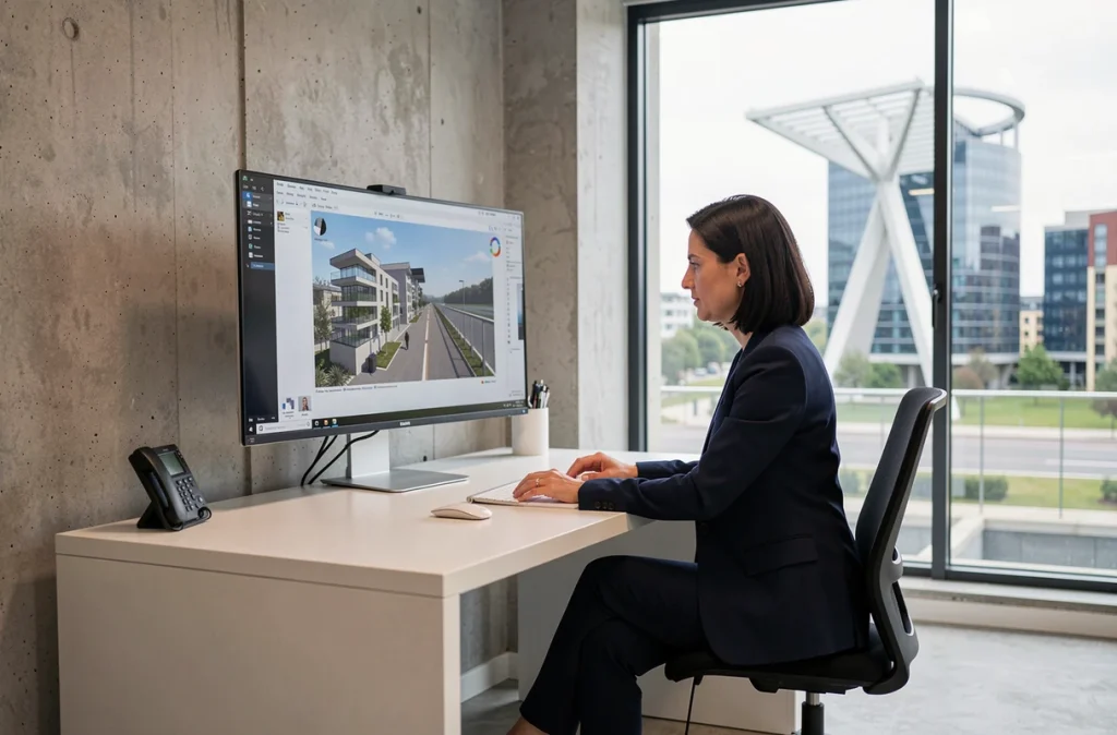 Denitsa Hristova architecte d'intérieur à Cergy devant des plans 3D dans un bureau moderne avec vue sur le paysage urbain