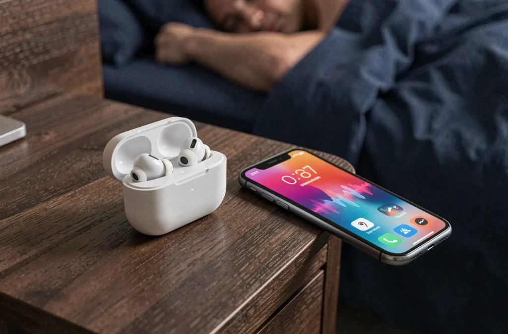 Écouteurs sans fil et application de réveil sonore affichée sur smartphone sur une table de nuit en bois