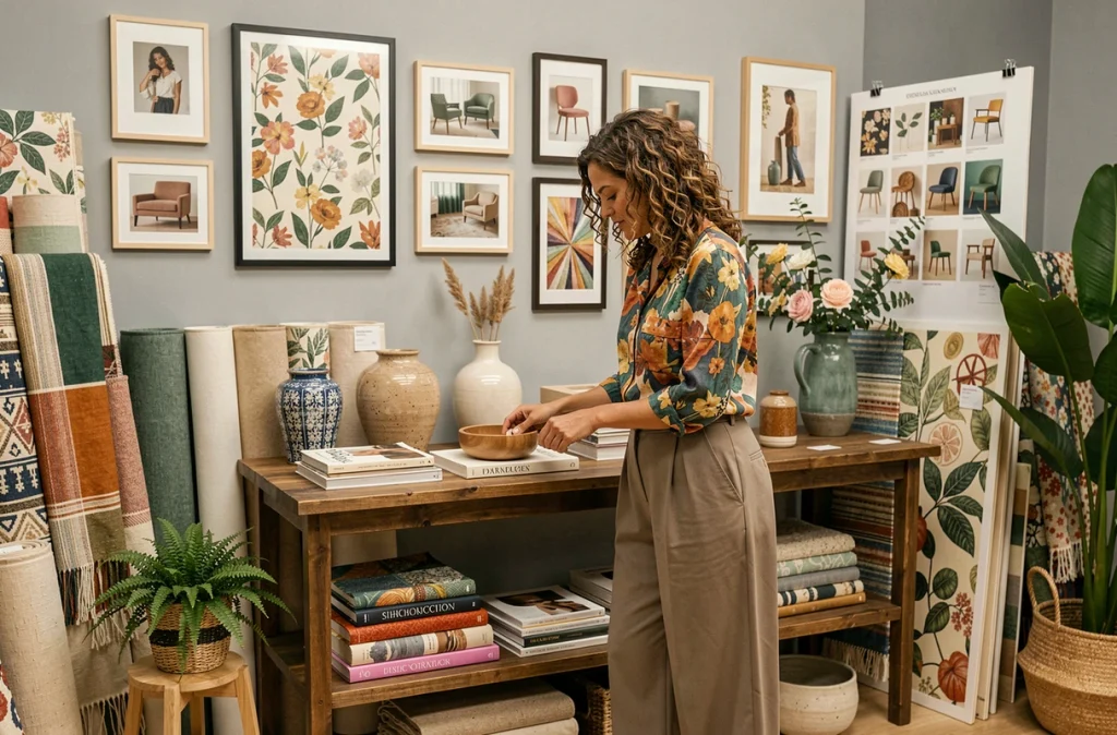 Elsa Music décoratrice et architecte d'intérieur arrangeant des objets décoratifs dans un showroom éclectique avec échantillons de papiers peints et textiles