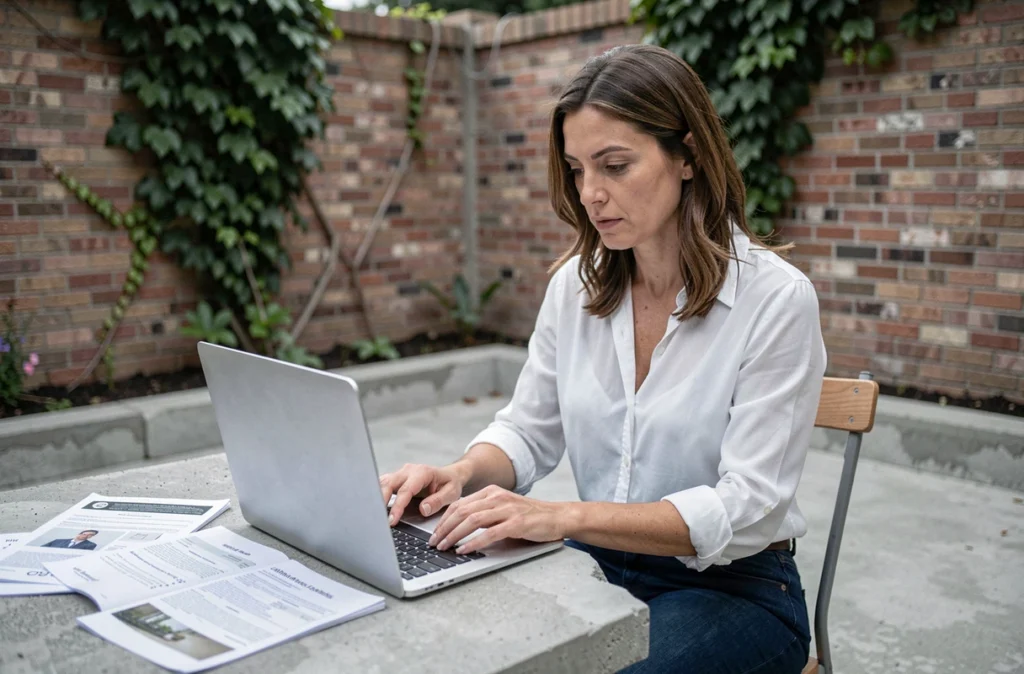 Femme comparant des devis de terrassement béton sur ordinateur portable en extérieur