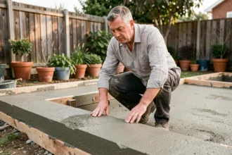 Homme examinant une terrasse en béton en cours de construction dans un jardin résidentiel