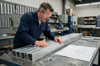 Ingénieur en structure examinant des tubes en aluminium carrés sur un établi de workshop industriel avec des plans techniques