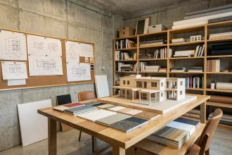 Studio d'architecte d'intérieur dans le Val-d'Oise avec maquettes et échantillons de matériaux sur une table en chêne