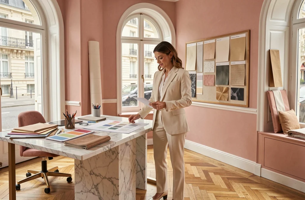 Architecte d'intérieur PINKSPACE Valeriya Froget dans son studio aux teintes roses et blanches avec des plans et échantillons de matériaux
