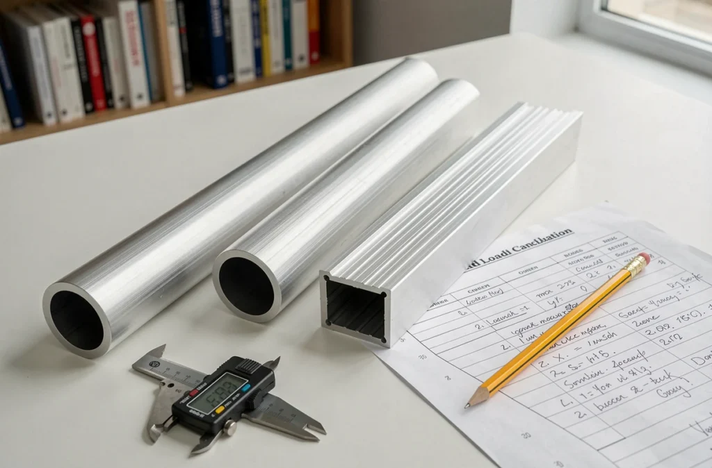 Profilés et tubes en aluminium sur un bureau d'ingénierie avec calculateur de charge et fiche de résistance annotée