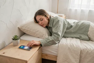 Femme qui se réveille avec une alarme sur smartphone dans une chambre scandinave minimaliste en 2026