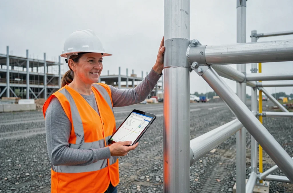 Technicienne de construction inspectant une structure en tubes aluminium sur un chantier extérieur avec logiciel de calcul de charge