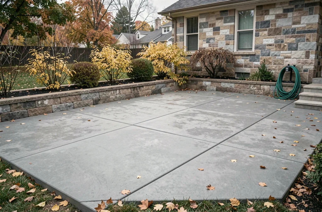 Terrasse en béton résidentielle terminée en automne avec finition lisse et jardin paysager