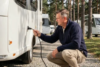 Homme branchant un câble coaxial TV sur la prise antenne extérieure d'un camping-car sur un camping en forêt