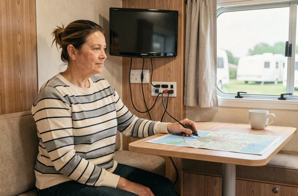 Femme connectant un câble TV coaxial à la télévision et au panneau de distribution dans l'intérieur d'une caravane