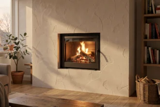 Cheminée encastrable allumée dans le mur d'un salon